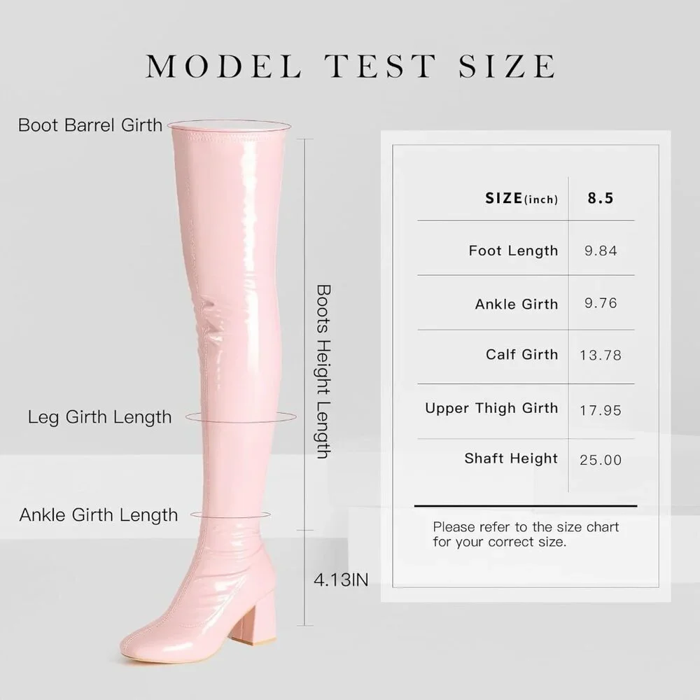 Women Pink Patent Leather PU Chunky Heel Over The Knee Square Toe Long Boot